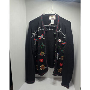 Vtg Tiara XL Not Ugly Christmas Cardigan Sweater Black Embroidered Beaded